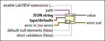 Converts a UTF-8 JSON string to the LabVIEW data type you wire to type/defaults.